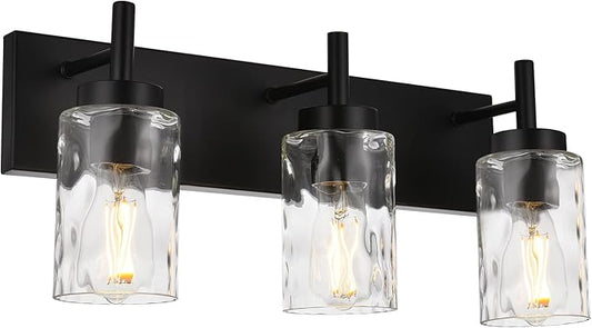 BONLICHT Vanity Light Fixtures 3 Light Modern Wall Sconces Lighting Black Bathroom Lights Wall Mounted with Hammered Glass Shade,Farmhouse Wall Light for Mirror Cabinets, Powder Room, Dressing Table