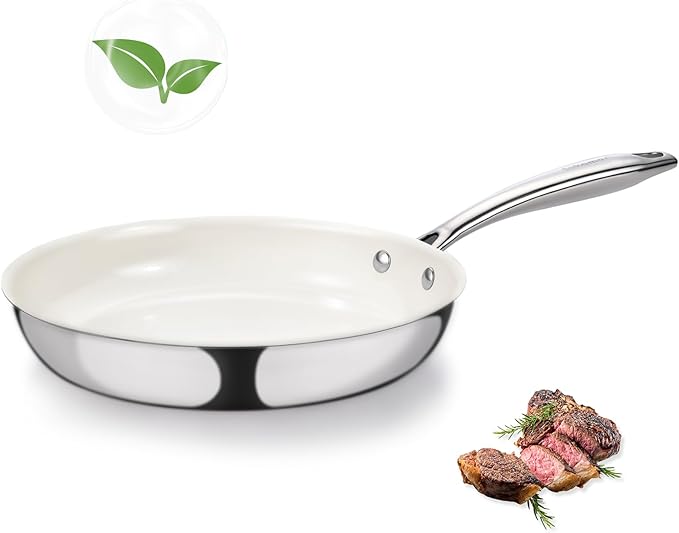 8" Tri-Ply Stainless Steel Frying Pan, Nonstick Ceramic Pan, Skillet with Stay-Cool Handle, Non Toxic, PFAS PFOA PTFE Free, Dishwasher & Oven Safe, Induction, Compatible with All Cooktops