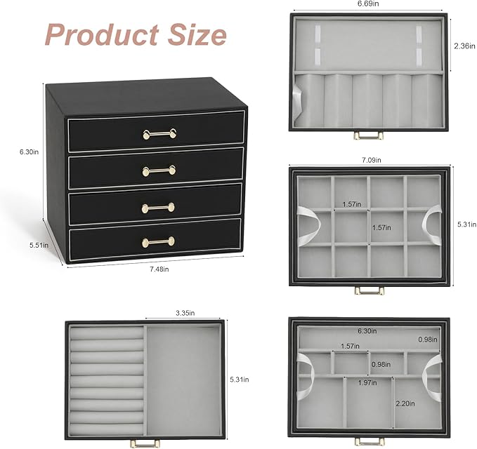 Jewelry Organizer with 4 Drawers, Women Jewelry Box with 6 Jewelry Trays Stackable Jewelry Holder for Earrings Ring Bracelet Necklace, Black