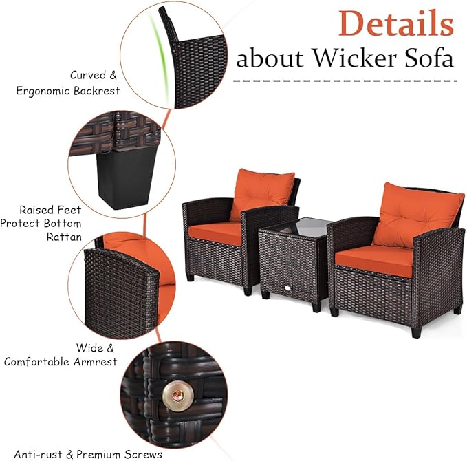 Tangkula 3 Pieces Patio Furniture Set, PE Rattan Wicker 3 Pcs Outdoor Sofa Set w/Washable Cushion and Tempered Glass Tabletop, Conversation Furniture for Garden Poolside Balcony (Orange)