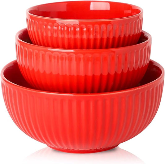 Hasense Mixing Bowls of 3, Porcelain Ribbed Bowls 1.5/1/0.5 Qt For Kitchen, Cooking, Baking and Serving Prep Bowls for Salad, Pasta, Modern Kitchen Dish Dishwasher & Microwave Safe, Red