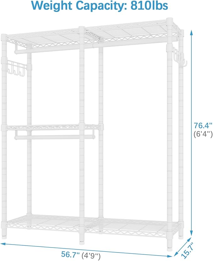 VIPEK V4 Garment Rack for Hanging Clothes, Portable Wardrobe Freestanding Closet Organizer, Heavy Duty Clothes Rack Metal Clothing Rack with 3 Hanging Rods & 2 Side Hooks, Max Load 810lbs, White