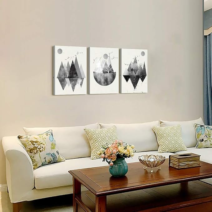 Black and white Abstract canvas Wall Art for living room Canvas Prints Artwork bathroom Wall Decor Abstract Mountain geometric Watercolor painting 3 Pieces Framed bedroom wall decorations Home Decor