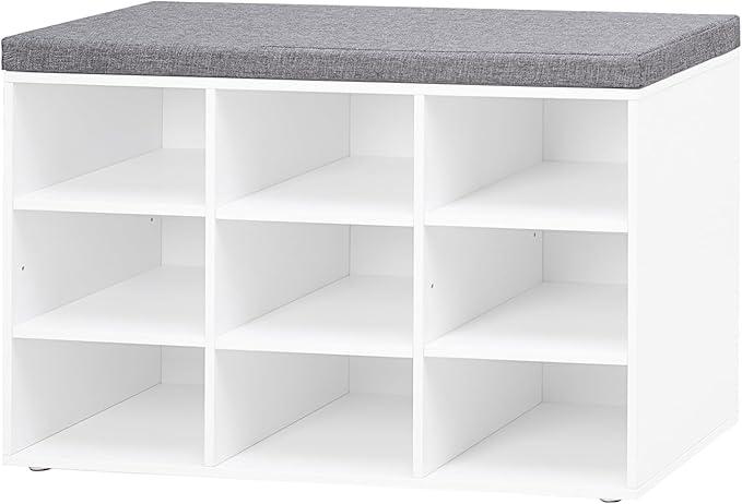 DINZI LVJ Shoe Storage Bench with Cushion, Cubby Shoe Rack with 9 Cubbies, Adjustable Shelves, Multifunctional Shoe Organizer Bench for Entryway, Mudroom, Hallway, Closet and Garage, White