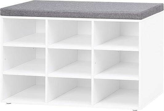 DINZI LVJ Shoe Storage Bench with Cushion, Cubby Shoe Rack with 9 Cubbies, Adjustable Shelves, Multifunctional Shoe Organizer Bench for Entryway, Mudroom, Hallway, Closet and Garage, White