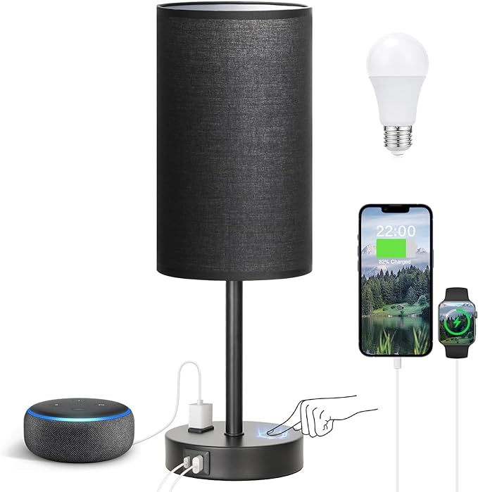 Touch Nightstand Lamp - Black, 3-Way Dimmable, USB A + C Charging, AC Outlet, 17.4inch Medium