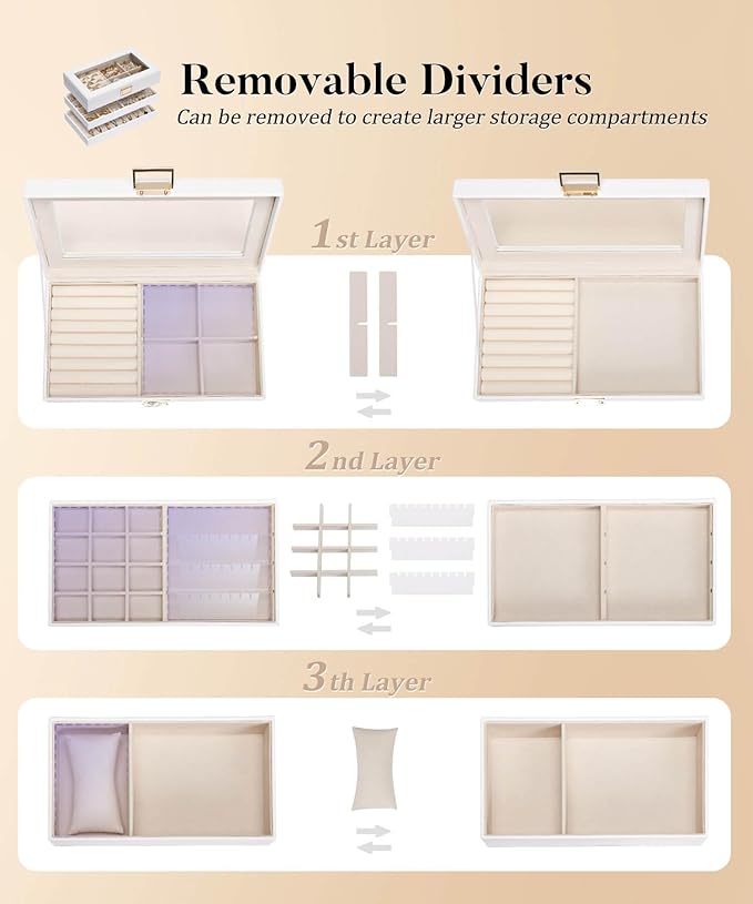 Homde Jewelry Tray Stackable Jewelry Box with Glass Lid, Removable Dividers for Vanity Table Gift Idea for Girls and Women (White)