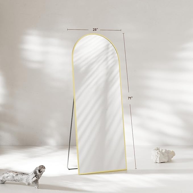Arched Full Length Mirror 71"x28", Gold Tempered Glass Wall Hanging Mounted Body Length Mirrors with Stand, Large Floor Aluminum Alloy Thin Frame
