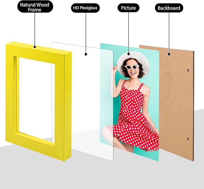KINLINK 3.5x5 Picture Frames Yellow, Solid Wood Frames with Plexiglass for Table Top and Wall Display, Photo Frames for Horizontal or Vertical Display, 4 Pack