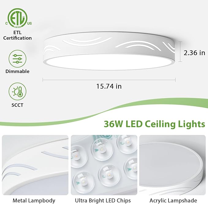 Modern Dimmable Ceiling Light Fixture,5CCT in One LED Flush Mount Kitchen Lights,Round Close to Ceiling Lamp for Bedroom Living Room Hallway Entryway Laundry Room Bathroom(White,15.75 in,ETL Listed)