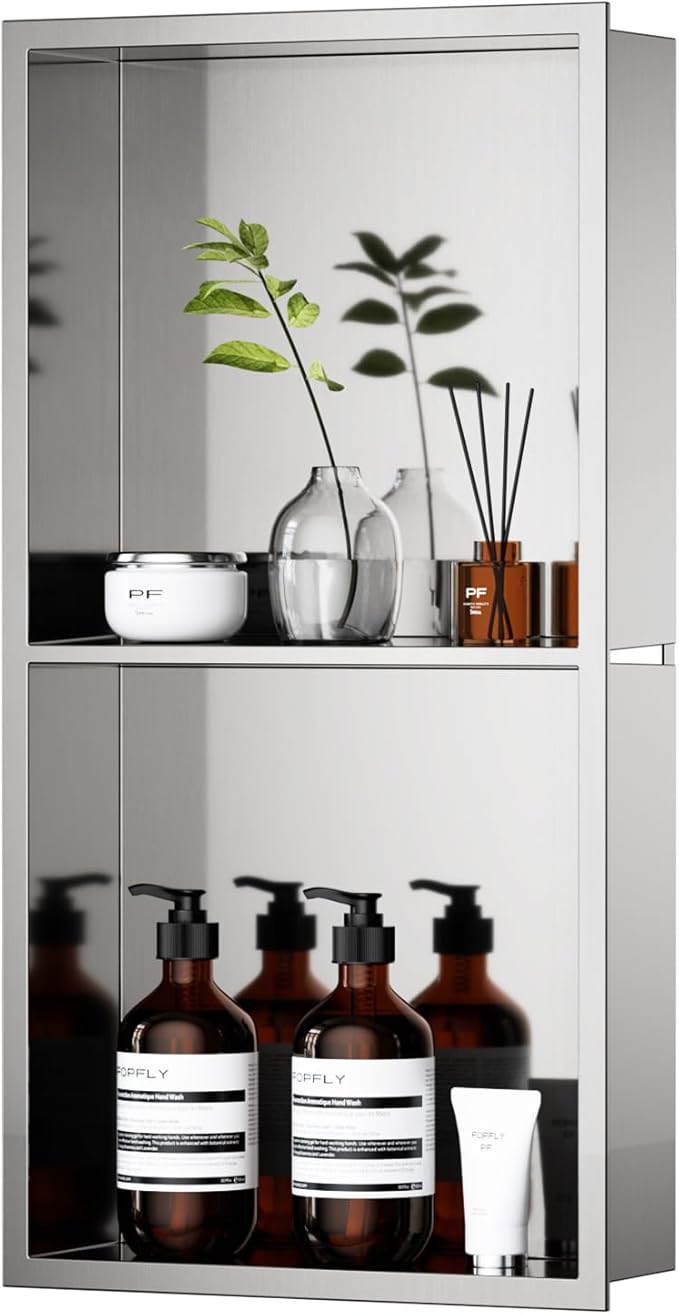 POPFLY 12"×24" Stainless Steel Shower Niche, Double Shelves Bathroom Niche No Tile Needed Recessed Niche Shower for Bathroom Storage, Horizontal or Vertical Insert, Nano Silver