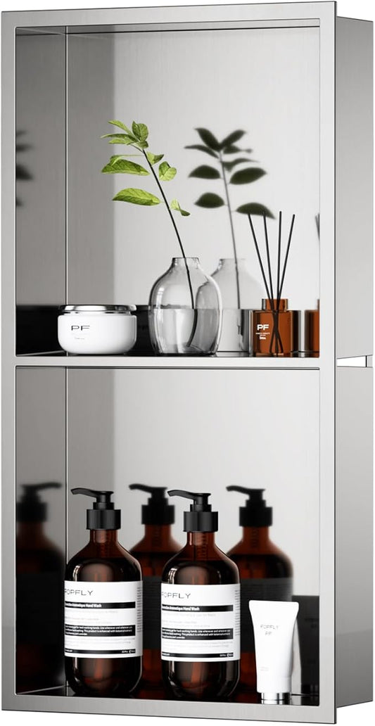 POPFLY 12"×24" Stainless Steel Shower Niche, Double Shelves Bathroom Niche No Tile Needed Recessed Niche Shower for Bathroom Storage, Horizontal or Vertical Insert, Nano Silver