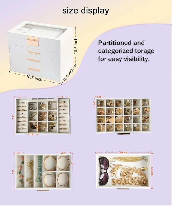 BOOVO Jewelry Boxes for Women, White and Black 4 Layer Large Jewelry Box for Necklace, Bracelet, Earrings, Rings Storage, Jewelry holder Organizer for Girls Gift (Clear White, 4 layer)