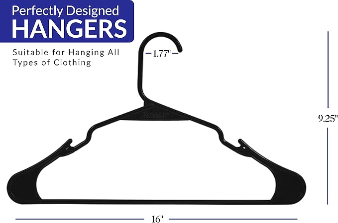 Royale Linens 60 Pack Black Plastic Hangers for Clothes - Heavy Duty Clothes Hanger for Everyday Use - Lightweight & Space Saving Notched Plastic Hangers