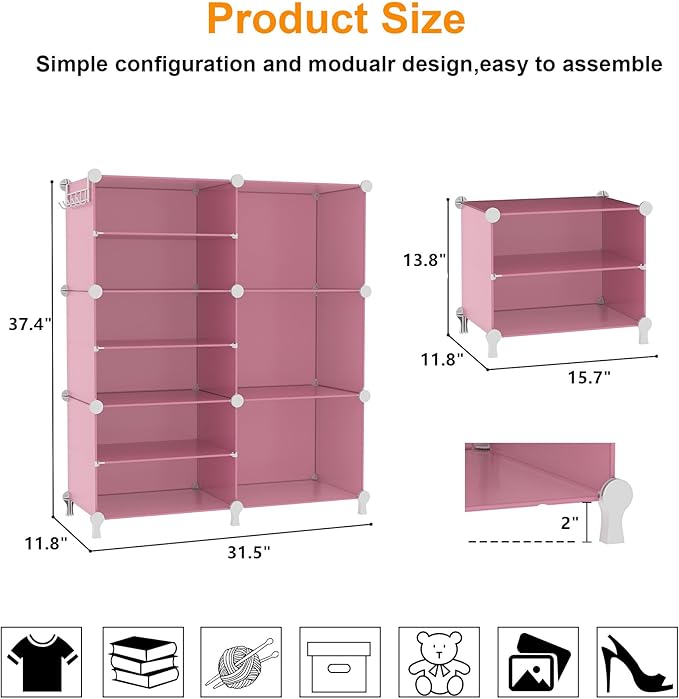 AWTATOS Closet Organizer 6 Cube Storage Shelves Portable Closet Clothes Organizers and Storage Stackable Cubby Shelving for Closet Bedroom Living Room Pink