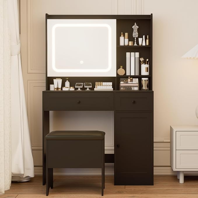 Vanity Table with Hidden Storage & LED Mirror - Includes Padded Stool, 5 Compartments, 2 Drawers & 1 Storage Cabinet - Ideal Bedroom Makeup Dressing Table Black