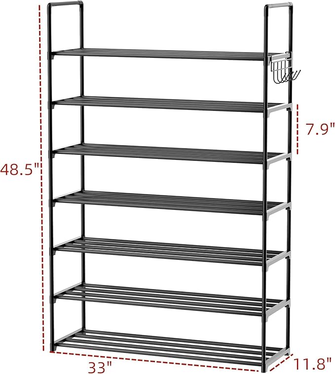 Metal Shoe Organizer,7 Tiers Shoe Storage Shoe Rack with Hooks,Fit 28-35 Pairs,Adjustable Shoe Shelf for Entryway,Hallway,Bedroom,Metal Bottom Support