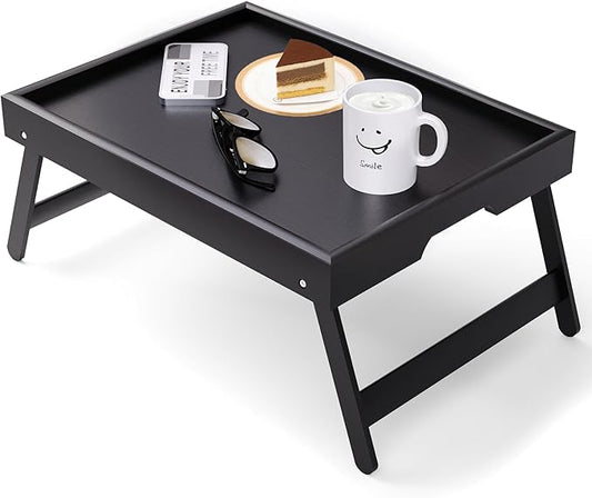Bamboo Bed Tray Table with Foldable Legs Breakfast Tray, Lightweight Laptop Desk for Eating, Reading, Working in Bed or Sofa – Portable Lap Desk with Handles, Perfect for Home - Black