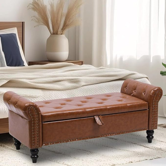 Storage Ottoman Bench with Arms, Faux Leather End of Bed Bench for Bedroom, Button Tufted Storage Bench for Entryway, Living Room, Large Storage Bench Foot Rest (New Brown)