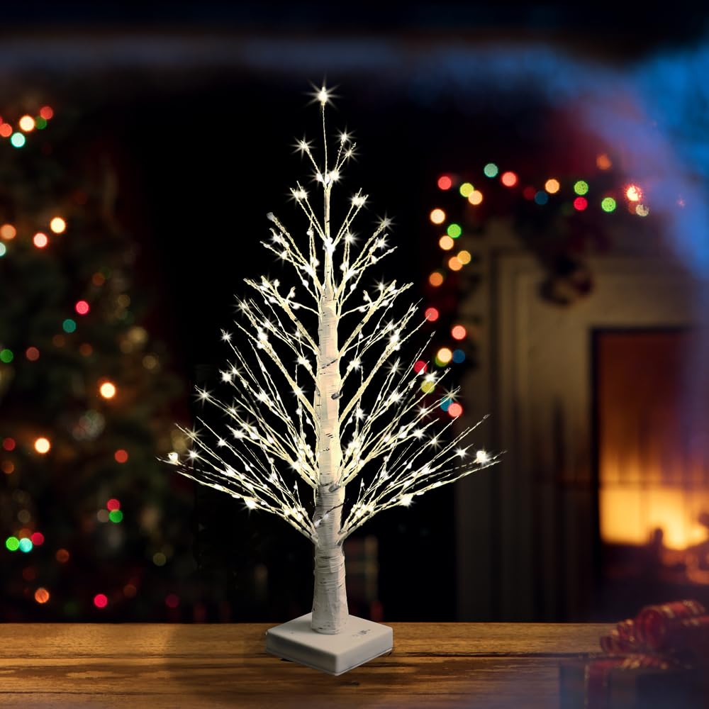 2FT Lighted Birch Tree with Warm LED Lights, Tabletop Christmas Tree, Mini Birch Tree with 218 LED Light, Battery & USB Powered Small Christmas Tree for Holiday Decoration