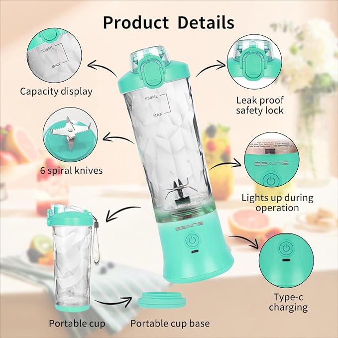 Mint Blue Personal Blender with 6 Blades, 20 Oz Travel Cup and Lid, USB Rechargeable for Shakes, Smoothies, Gym and Kitchen