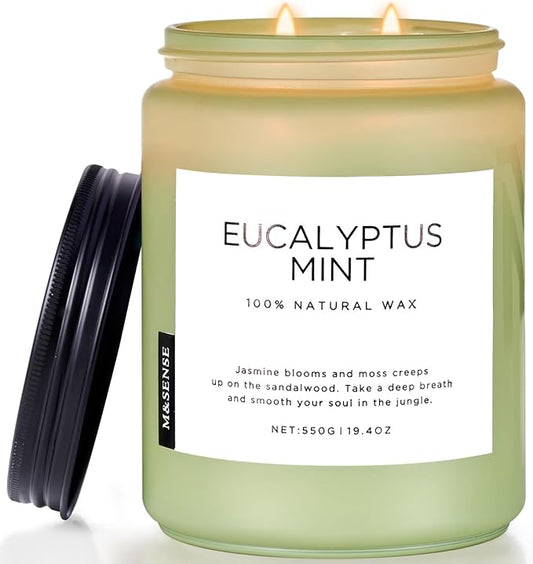 M&SENSE Eucalyptus & Mint Candles for Home Scented, 19.4oz 110 Hours Burn Soy Aromatherapy Candle Gift for Stress Relief, Meditation, Yoga, Relaxing SPA, Natural Soy Wax for Men and Women