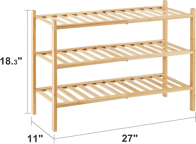 3-Tier Bamboo Shoe Rack for Entryway, Stackable | Heavy Duty | Multi-Function, Free Standing Shoe Racks for Bedroom Hallway Closet