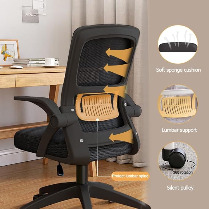 Home Office Chair Ergonomic Breathable Mesh Chair High Back with Adjustable Height Swivel with Flip-Up Arms and Lumbar Support