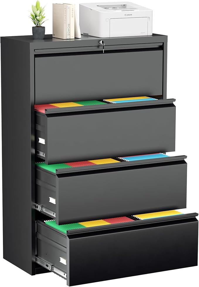 Greenvelly 4 Drawer Lateral File Cabinet with Lock, Black Locking Lateral Filing Cabinet with Drawers, Office Metal File Cabinets for Legal Letter Size with Keys and Hanging Frame