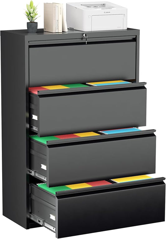 Greenvelly 4 Drawer Lateral File Cabinet with Lock, Black Locking Lateral Filing Cabinet with Drawers, Office Metal File Cabinets for Legal Letter Size with Keys and Hanging Frame