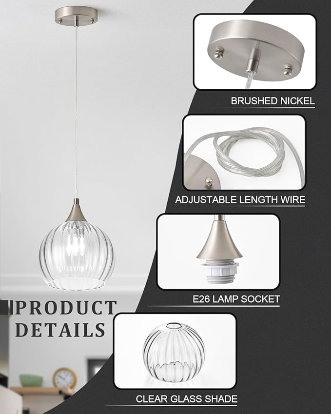 Brushed Nickel Pendant Lights Kitchen Island, Globe Pendant Light Fixtures with 8 Inch Clear Glass Shade, Modern Hanging Light Fixtures for Kitchen, Bedroom (1 Pack - Clear Glass Pendant Light)