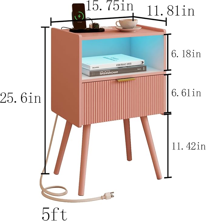 Pink Nightstand, Modern Bedside Table with Charging Station and LED Lights
