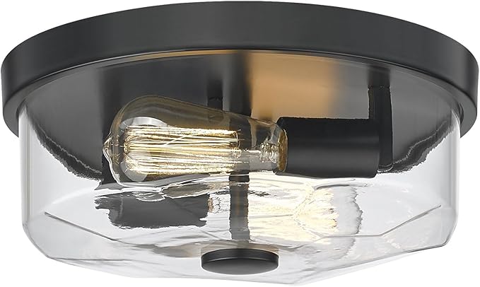 Flush Mount Ceiling Light with Clear Glass Shade, 2-Light Indoor Outdoor Farmhouse Lighting Flush Mount Lights for Kitchen Bedroom Porch Living Dining Room(Black)
