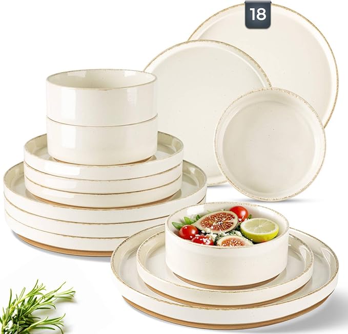 AmorArc Ceramic Dinnerware Sets for 6, 18 Pieces Handpainted Plates and Bowls Set with Rustic Terracotta Underside, Scratch Resistant Stoneware Dishes Set, Dishwasher & Microwave Safe