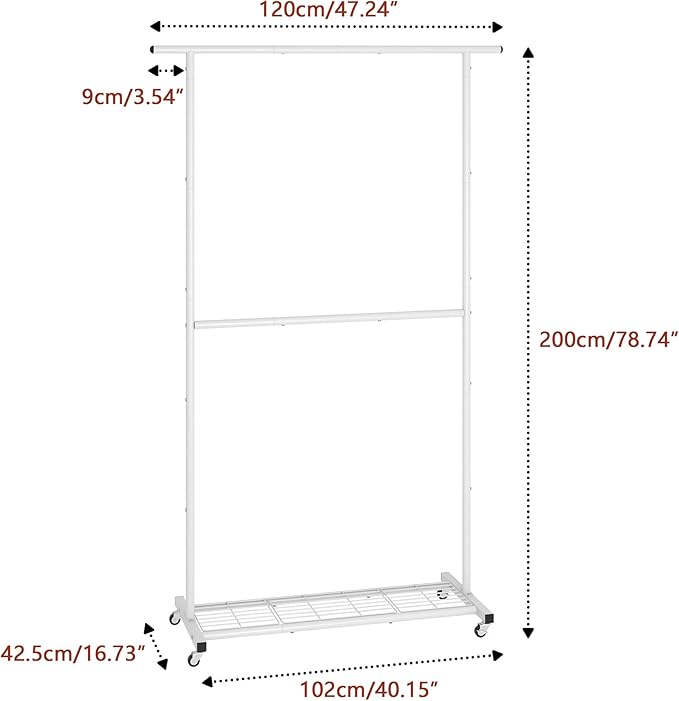 Sywhitta Double Rod Clothing Garment Rack, Rolling Coat Hanger with Bottom Mesh, Clothing Rack for Hanging Clothes, Coats, Skirts, Sweaters, White