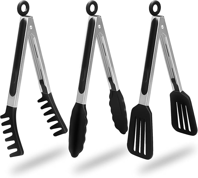 HST Tongs for Cooking with Silicone Tips(3 Pack), Non Stick Kitchen Tongs with Silicone Tip for Cooking BBQ Baking (9", Black)
