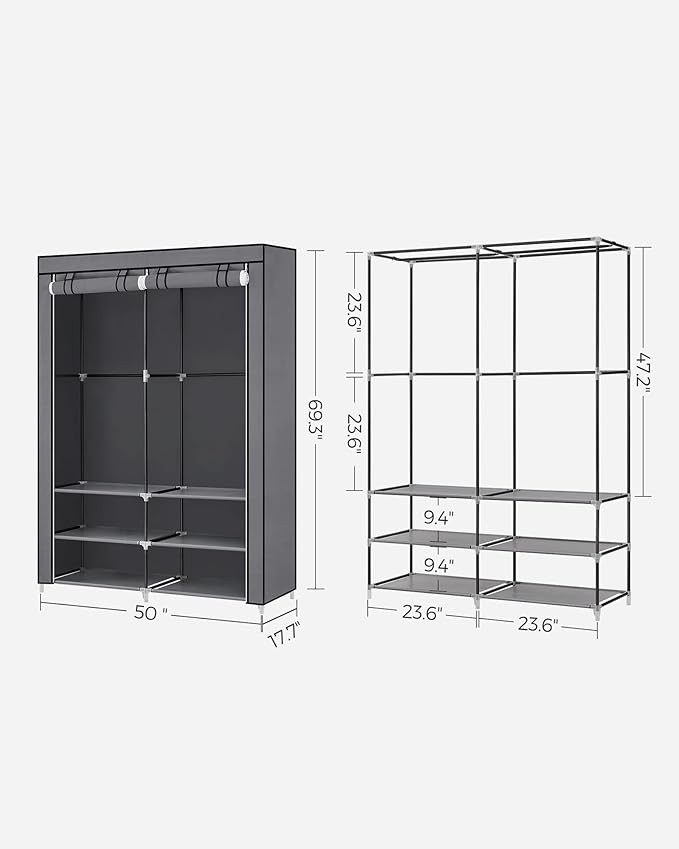 SONGMICS Portable Closet Wardrobe with Shoe Rack and Cover, Closet Storage Organizer, 2 Hanging Rods, Shelves, and 4 Side Pockets, 50 x 17.7 x 69.3 Inches, Spacious for Bedroom, Gray URYG008G02