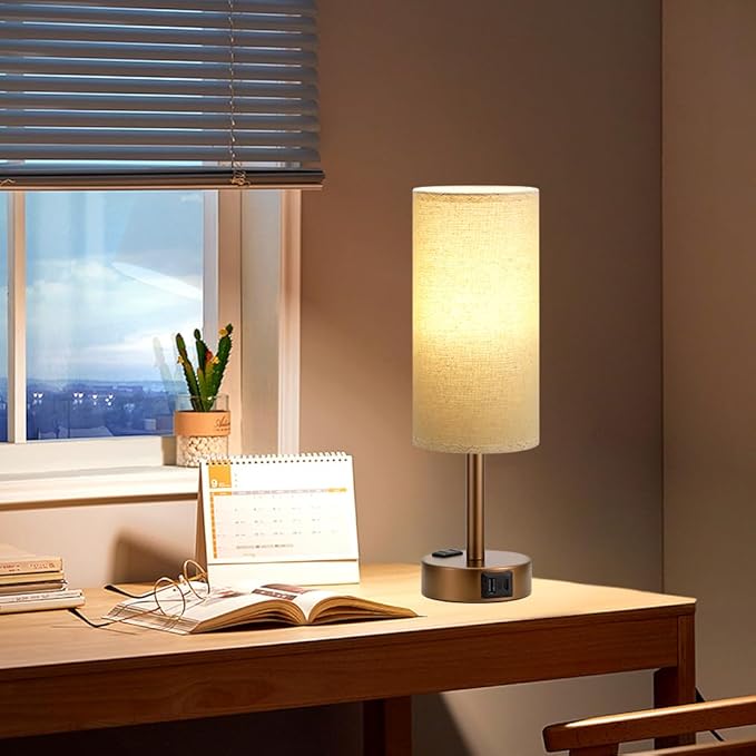 Brown Bedside Table Lamp for Bedroom - 3 Way Dimmable Touch Lamp USB C Charging Ports and AC Outlet, Small Lamp Round Flaxen Fabric Shade for Living Room, Desk, LED Bulb Included