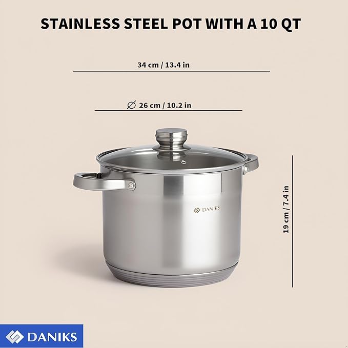 Daniks Standard Stainless Steel Stock Pot with Glass Lid – Induction 10 Quart, Dishwasher Safe, Measuring Scale, For Soup, Pasta, Stew, Silver