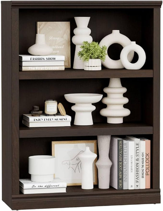 blini 3-Shelf Bookcase Wooden Bookshelves Dark Cherry 33in Wide Floor Standing Display Storage Shelves Tall Bookcase for Home Office, Living Room, Bed Room