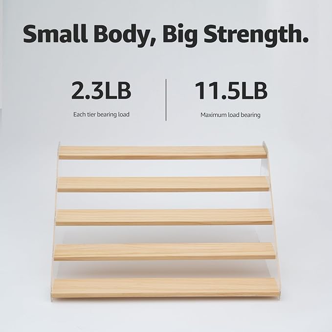 nianfeng Tiered Spice Rack, 5-Tier Spice Pantry Kitchen Cabinet Organizer, 16-Inch, Natural Wood Acrylic Stair Riser Stand, Countertop Seasoning Shelf