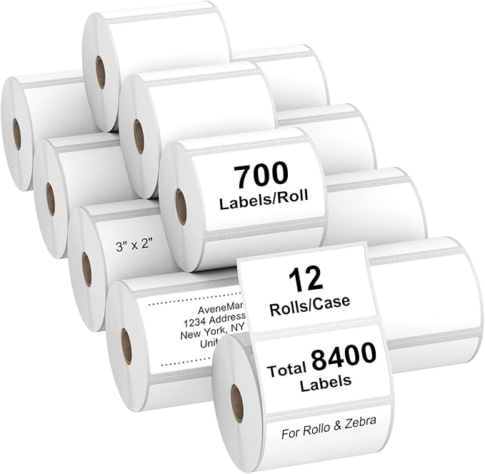 AveneMark 12 Rolls 3” X 2” Direct Thermal Labels for Barcodes, Address Labels Perforated & Compatible with Rollo & Zebra Desktop Label Printers (700/Roll)