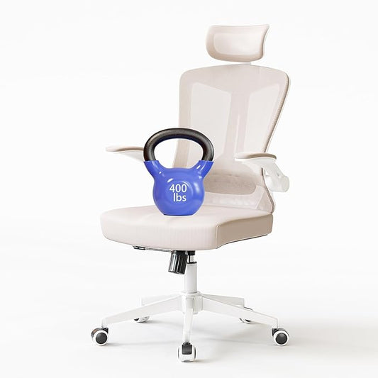 Ergonomic Office Chair - 400LB Comfy Desk Chairs with Headrest and Back Support, Heavy Duty Mesh Computer Chair with Wheels and Arms for Home Office, Study, Bedroom and College Dorm (Beige)