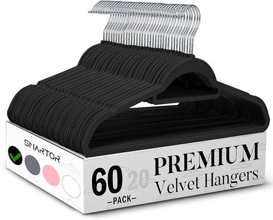 Smartor Black Velvet Hangers 60 Pack, Space Saving Clothes Hangers with Tie Bar, Non-Slip Felt Hanger with Shoulder Notches, Heavy Duty Suit Hanger for Coat, Shirt, Pants, Dress