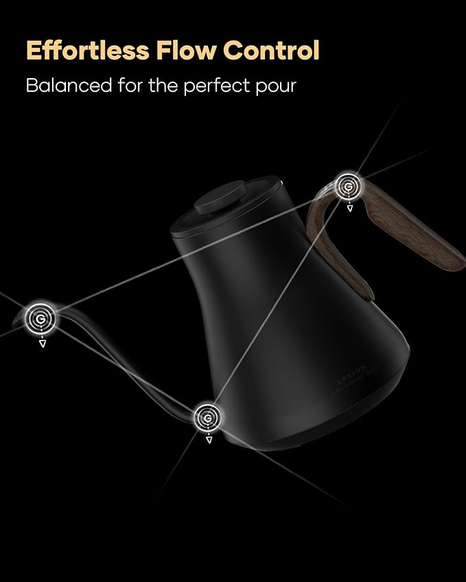 Cocinare FLOW B9 Gooseneck Electric Kettle, Precise Temperature Control for Pour-Over Coffee & Tea Brewing, Stainless Steel Interior, Rapid Heating for Boiling Water 0.9L (Goya Walnut)