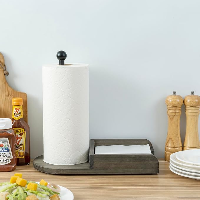 MyGift Vintage Weathered Gray Solid Wood and Black Metal Paper Towel Roll Holder and Napkin Dispenser Combination Storage Rack for Kitchen Counter or Dining Table