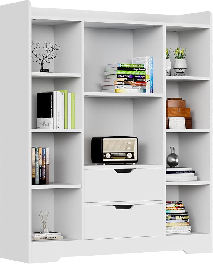 Cozy Castle Kids Bookshelf with Storage, Toy Storage Organizer with 2 Drawers and 10 Cubes 4-Tier Bookcase for Bedroom, Playroom, Hallway, Living Room(White)