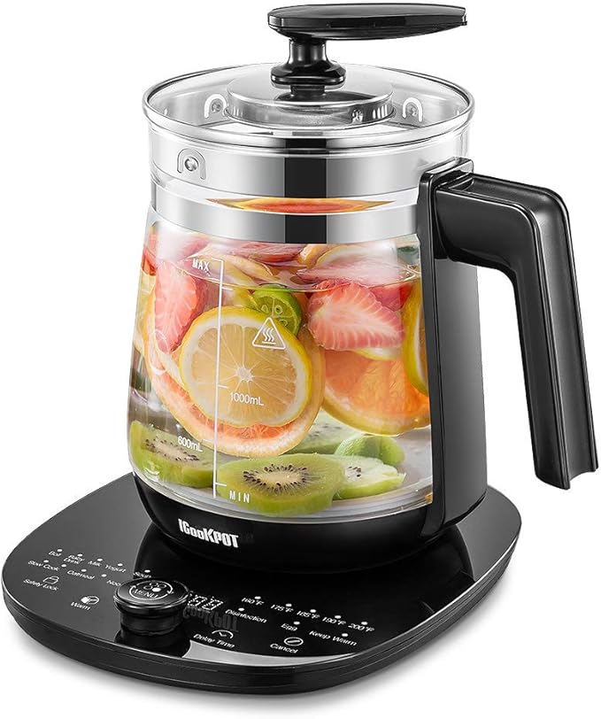 Electric Kettle Temperature Control Glass Tea Kettle Programmable Control Tea Pot, 2 Liter Stainless Steel Tea Maker & Coffee Kettle with Tea Infuser, Egg Cooker and Yogurt Box, BLACK