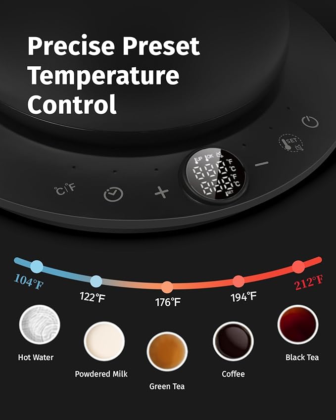 INFOOD 0.8L Gooseneck Electric Kettle, Precise Temperature Control for Pour Over Coffee & Tea, 1200W Fast Boiling Water, Auto Shut Off, Scheduling, Stainless Steel, Black