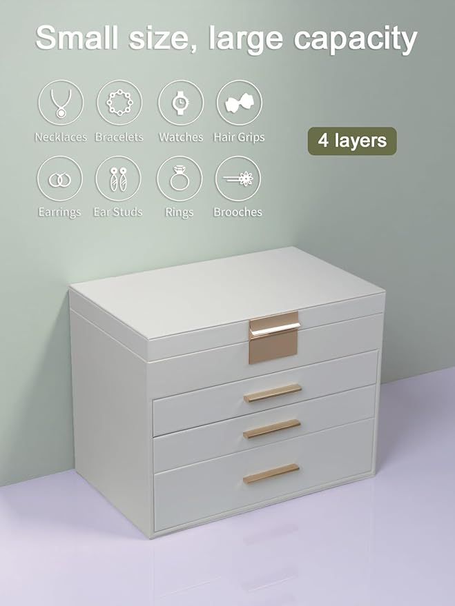 BOOVO Jewelry Boxes for Women, 5 Layer Jewelry Organizer with Necklace Hanger and Drawers, Large Jewelry Box for Earrings, Necklace and Bracelet Storage Gifts for Women and Girls (White, 5 Layer)